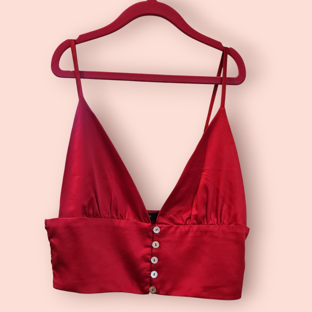 Forever 21 Red Satin Button-Up Crop Top